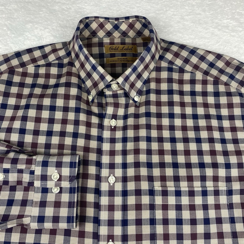 Roundtree & Yorke Gold Label Shirt Mens XL Burgundy/Blue/Tan Checks No Iron